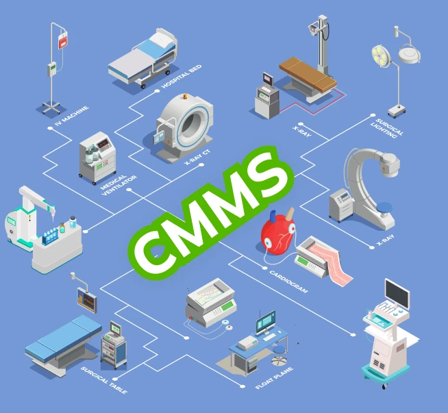 A hospital CMMS dashboard showing a medical device install base with asset records, work orders and service status