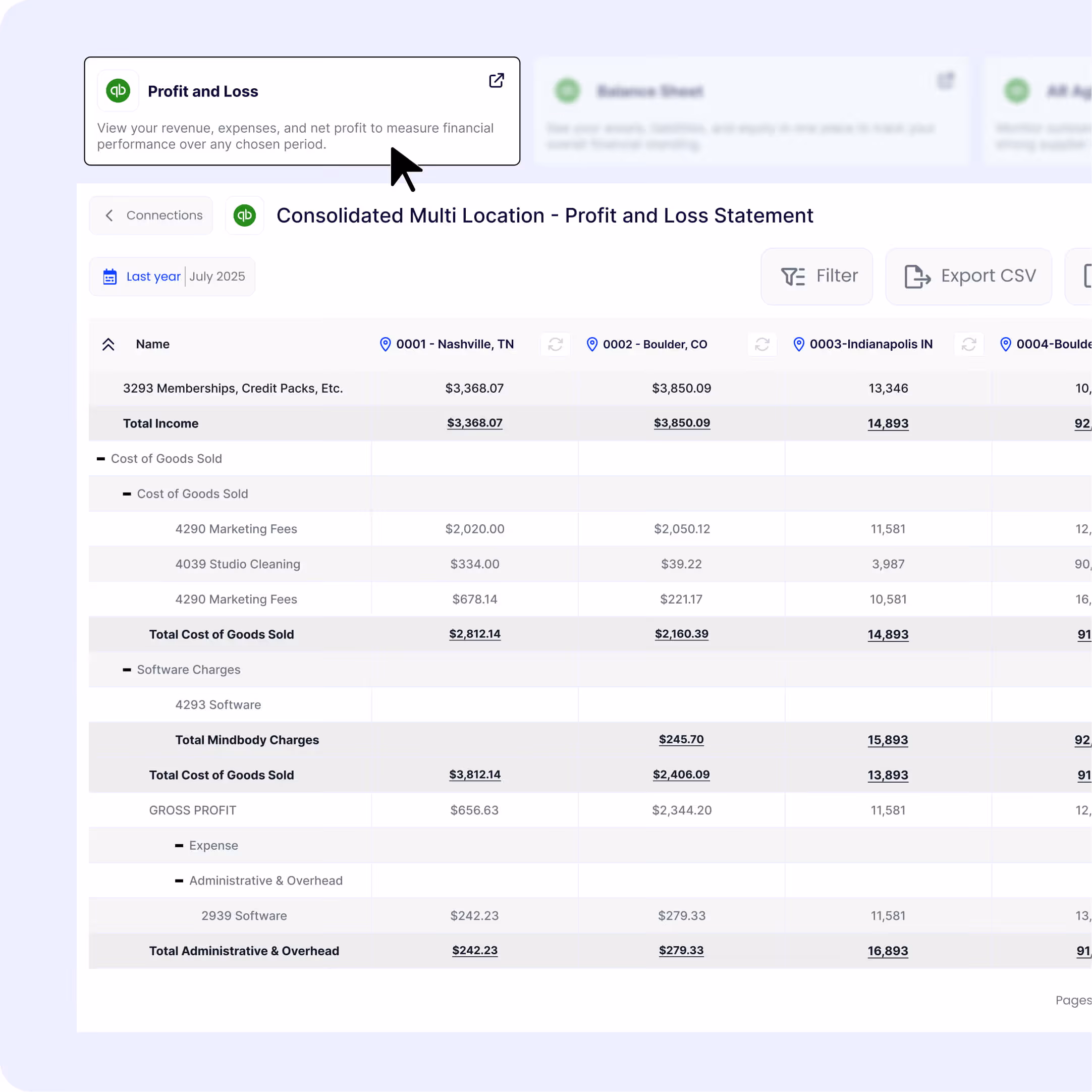 Consolidated multi-location P&L statement showing revenue and expenses across Nashville, Boulder, and Indianapolis franchise locations