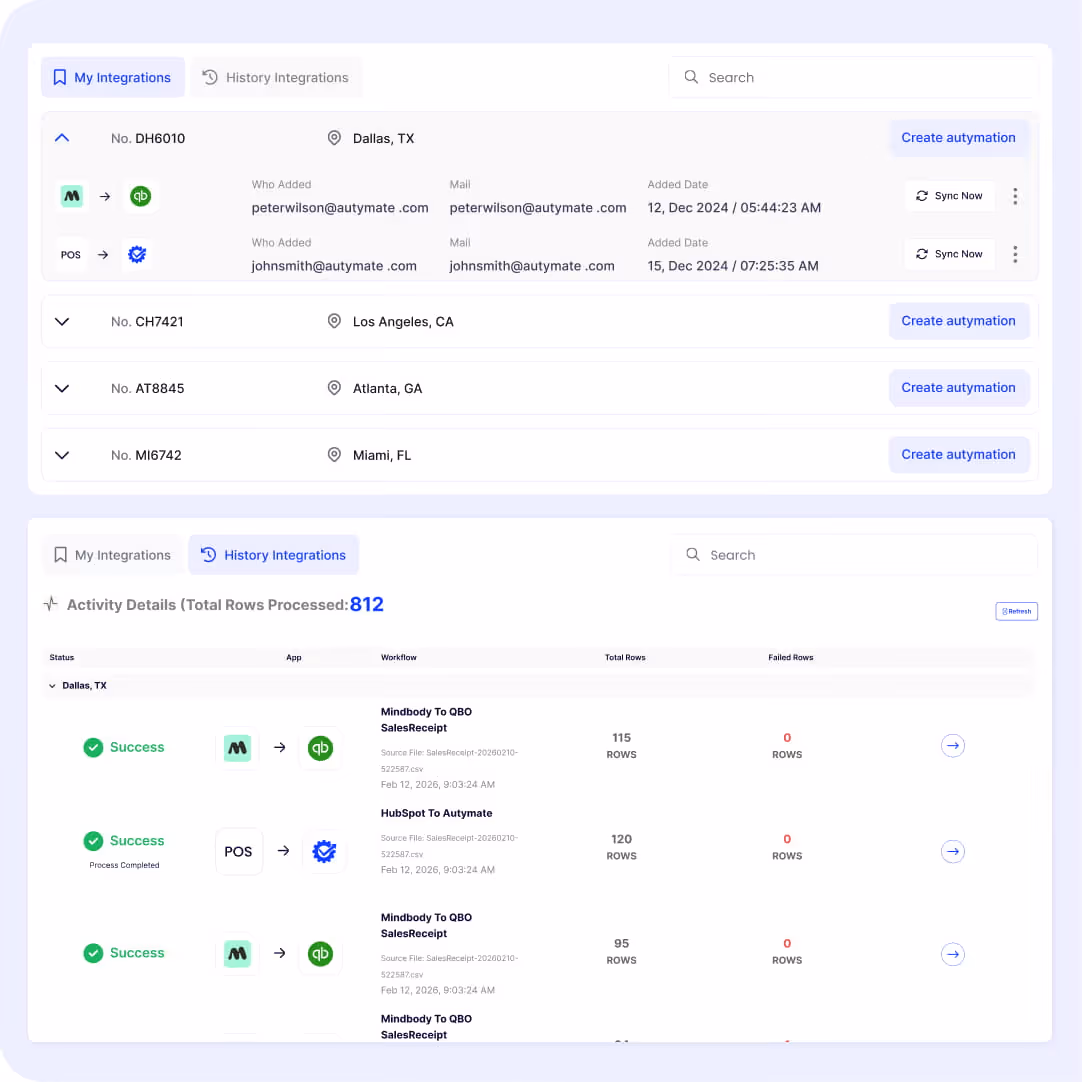 Automated POS-to-QuickBooks integration demo showing transaction sync from Clover, Toast, and Square systems