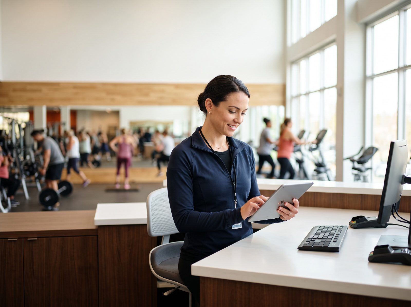 Fitness studio manager managing memberships at the front desk