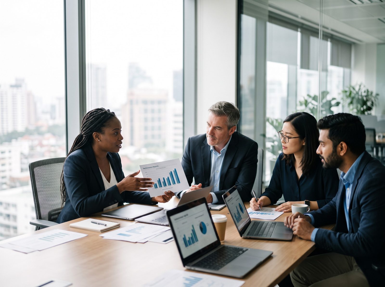 Franchise leaders reviewing multi-location performance together in an office