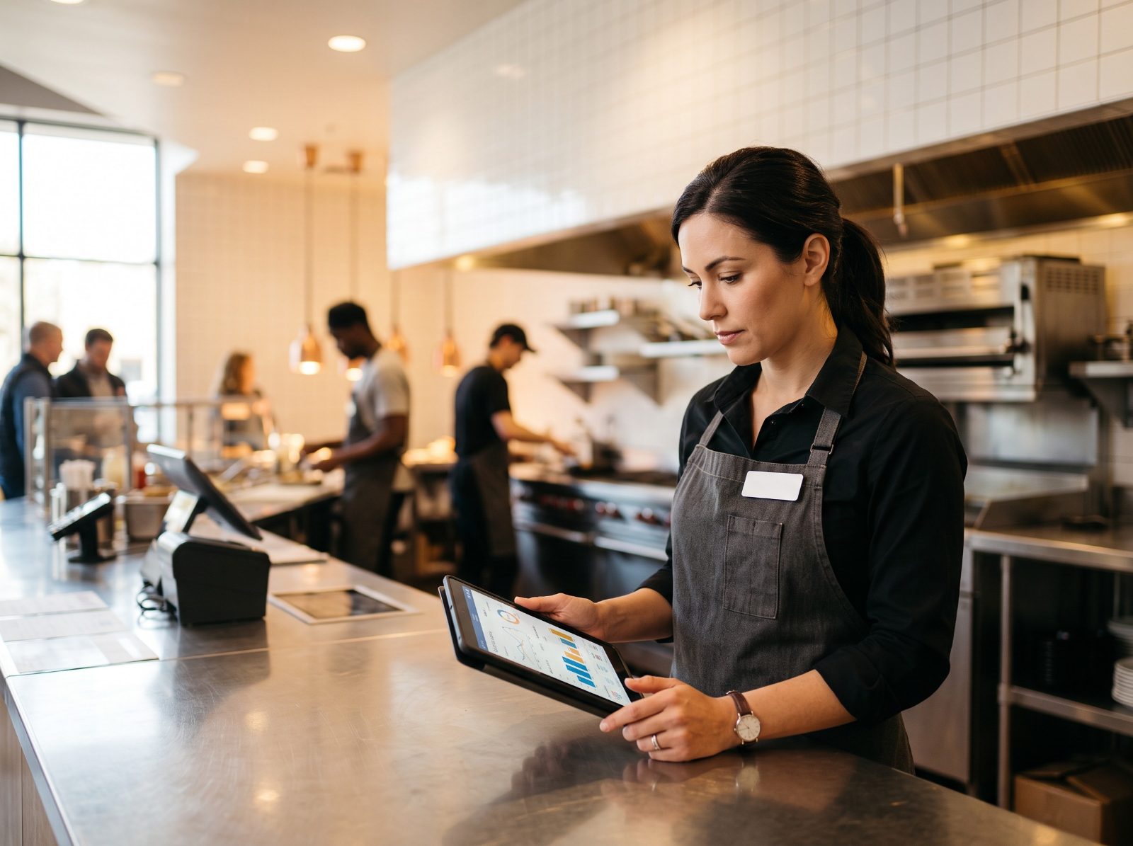 Restaurant manager checking sales on a tablet at the service counter
