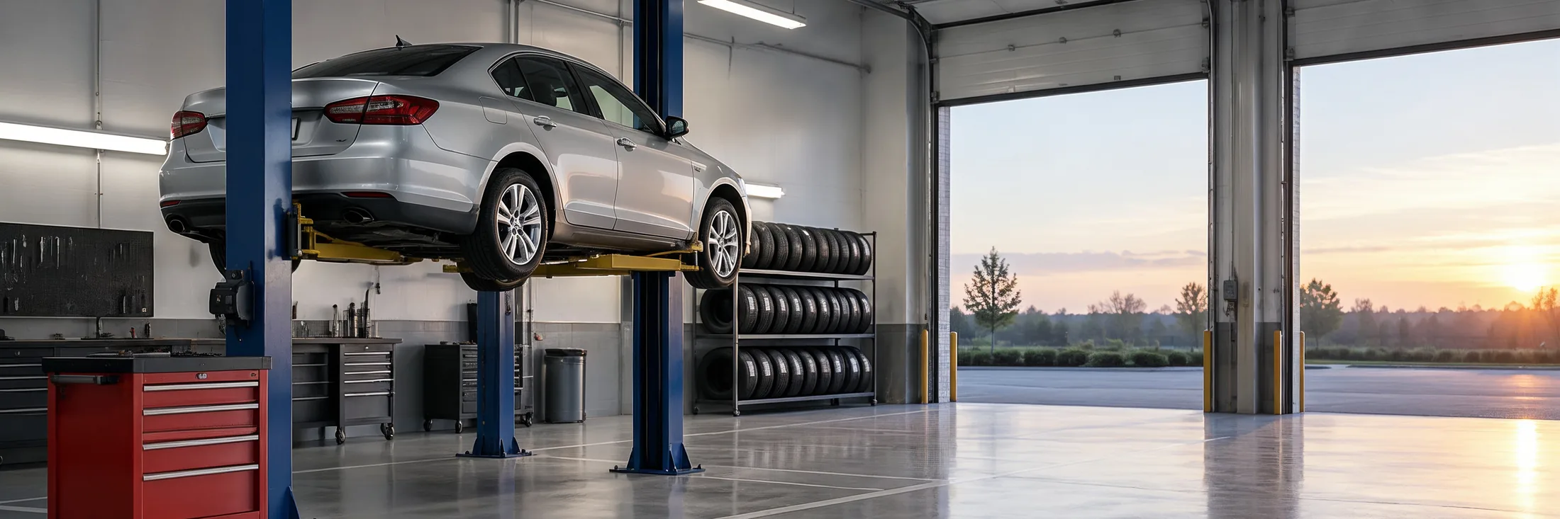 An empty auto repair shop at first light: a car raised on a two-post lift, a rolling tool cart and a rack of new tires.