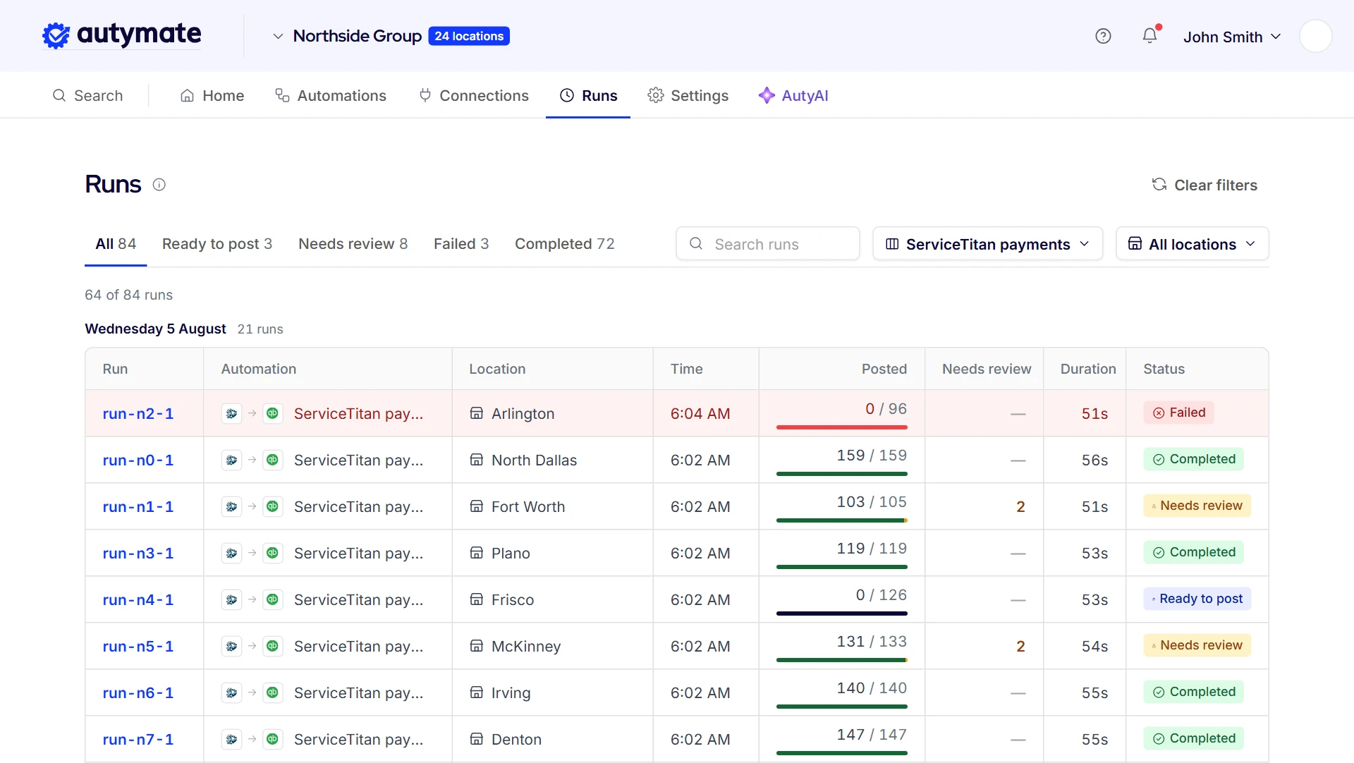 Autymate Runs screen filtered to the ServiceTitan payments automation, one run per location: Arlington failed with 0 of 96 posted, Fort Worth and McKinney each have 2 payments in review, Frisco is ready to post, and North Dallas, Plano, Irving and Denton completed.