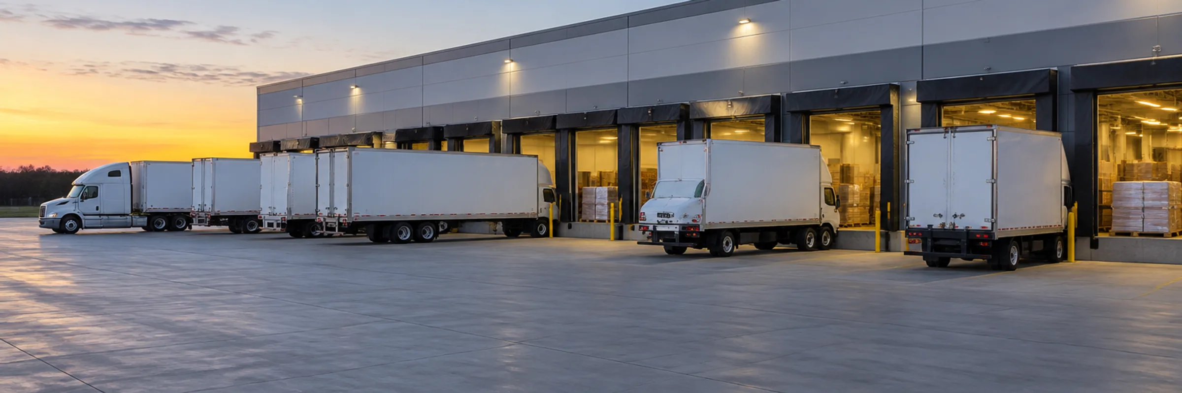 Unmarked white box trucks and trailers backed into the lit loading docks of a logistics terminal at first light.