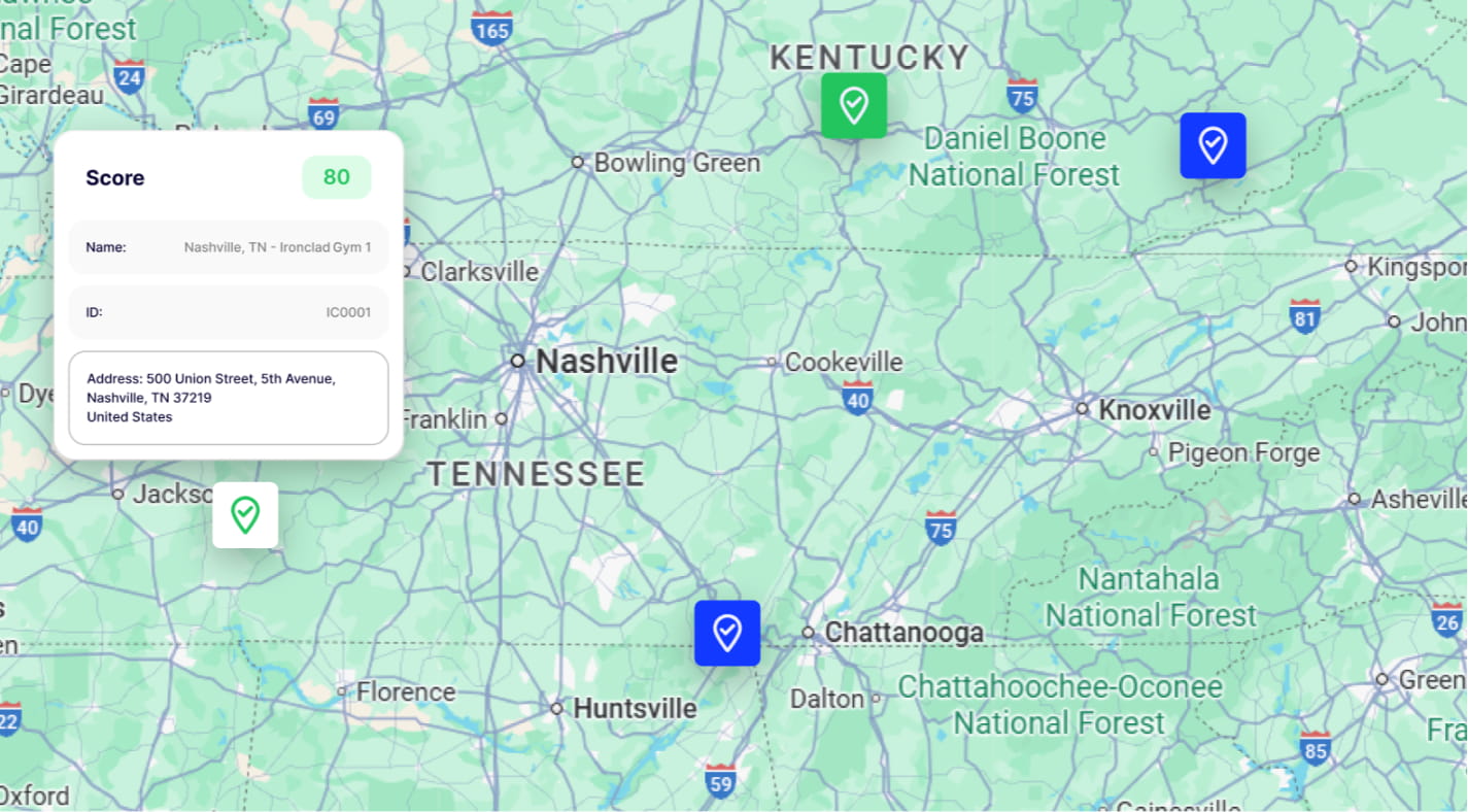 Map View showing franchise location scores pinned across Tennessee and Kentucky with a score detail popup for Nashville